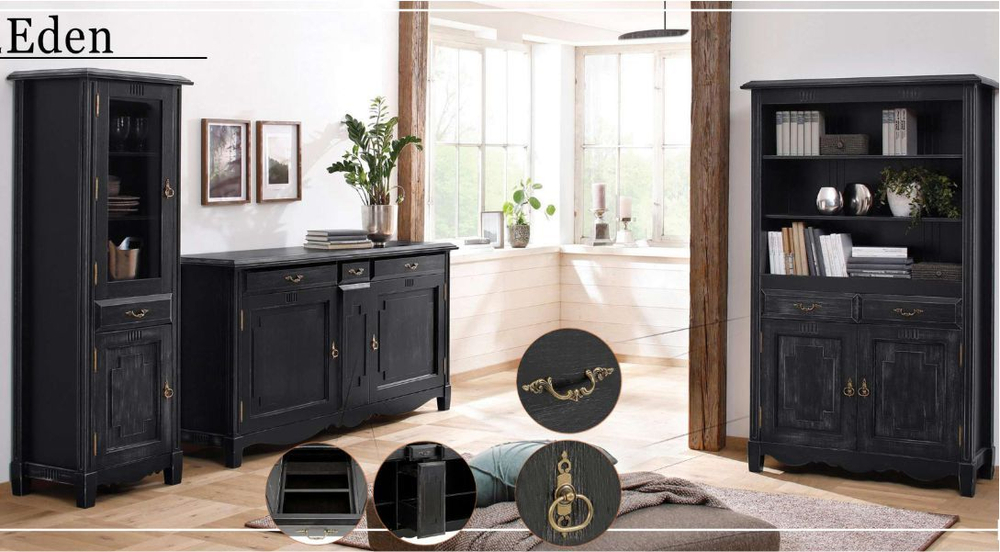 Комод Эден 197х49х97, с ящиками для вещей и дверцами, в гостиную, столовую, массив сосны, состаренный черный, MAKOSA