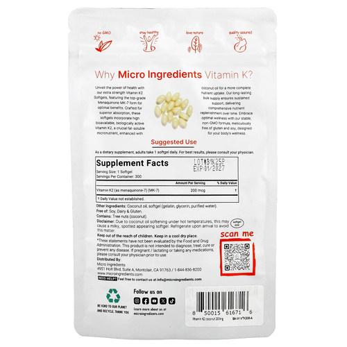 Micro Ingredients, Витамин K2, МК-7, 200 мкг, 300 мягких таблеток