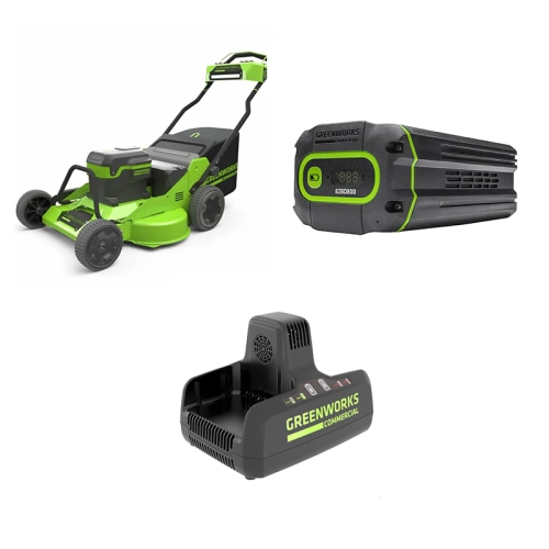 Комплект: газонокосилка аккумуляторная, аккумулятор (3 шт.), быстрое зарядное устройство для 2-х аккумуляторов Greenworks GC82HPLM76/G82B8/G82C2 (3 x 8 Ач, ЗУ) 2519207/2951407/2939007