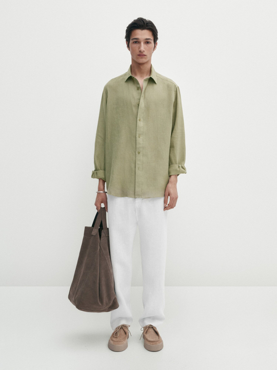 Massimo Dutti Рубашка классического кроя из 100% льна, темно-зеленый