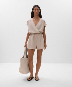 Oysho Короткий комбинезон с запахом из льна, песочный меланж