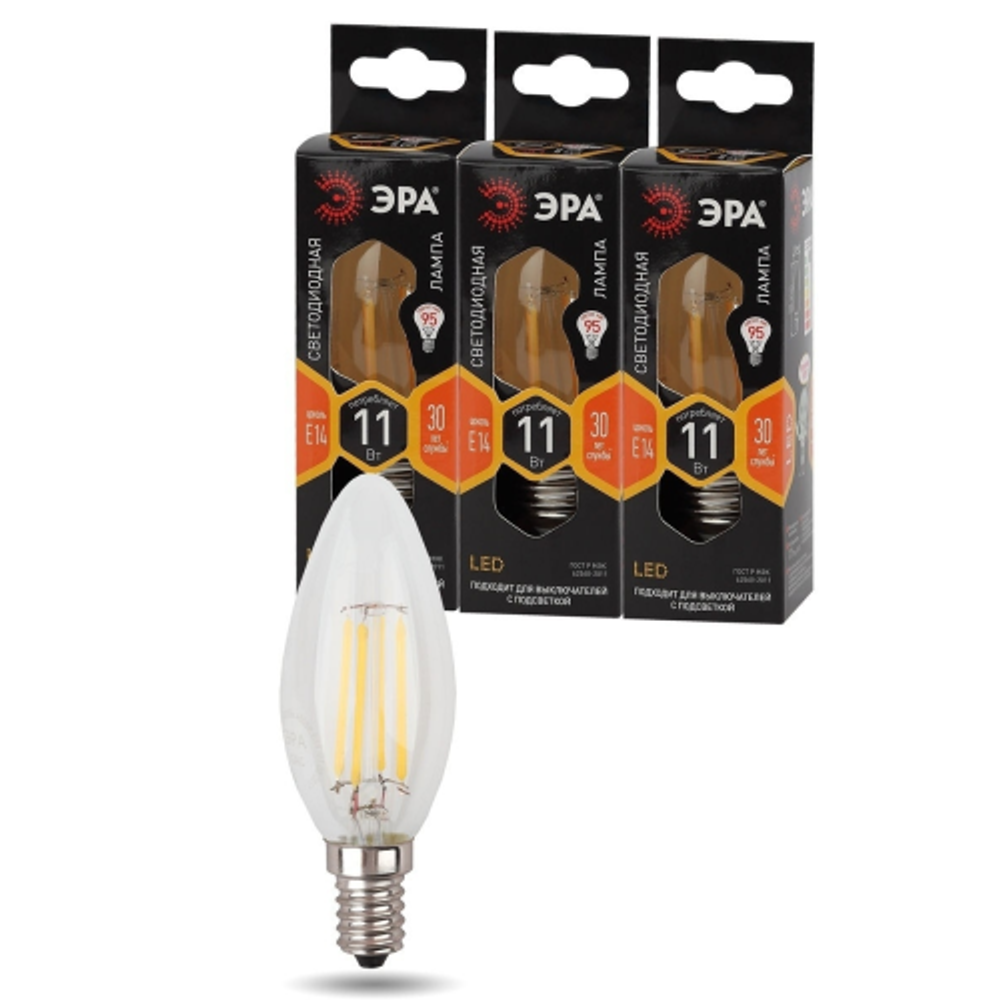 Лампа светодиодная ЭРА F-LED B35-11w-827-E14 11Вт филамент свеча теплый белый свет Е14 | Филаментные декоративные
