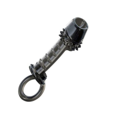 Черная массажная насадка на пенис «Оки-Чпоки» с кольцом на мошонку (Цвет: черный)