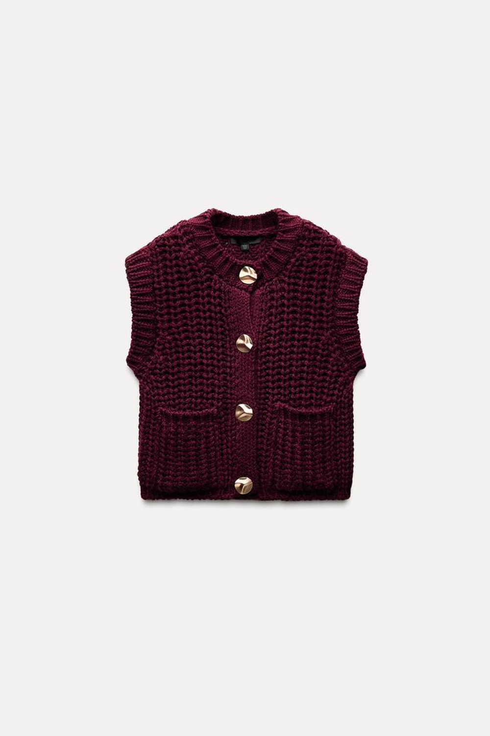 ZARA ЖИЛЕТ КРУПНОЙ ВЯЗКИ, ЦВЕТ БУРГУНДСКОГО ВИНА