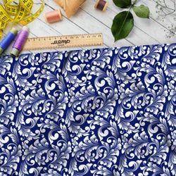 Ткань мембрана симметричный крупный узор гжели на синем фоне