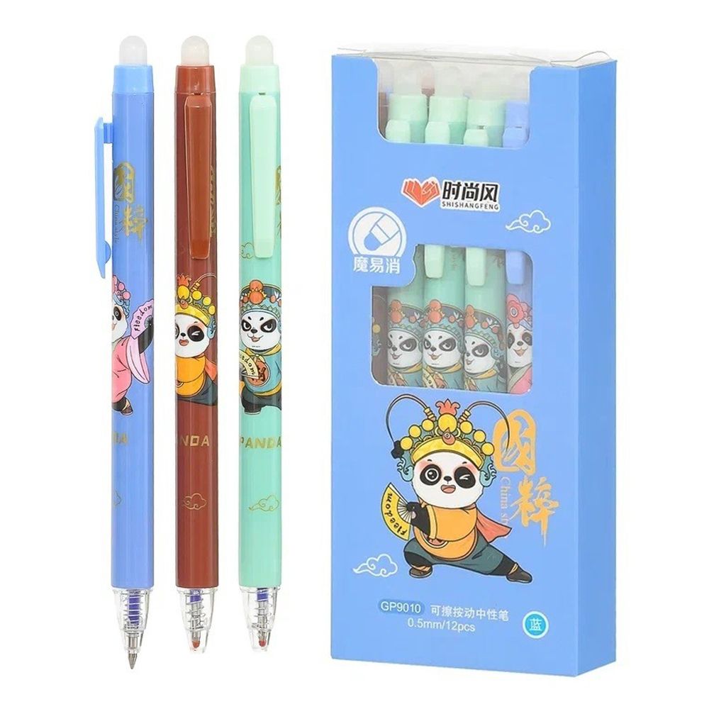 Ручка гелевая, пиши-стирай, автоматическая, Basir, синие чернила, серия "Танцующая панда", 3 цвета корпуса, 12 шт Ручка гелевая, пиши-стирай, автоматическая, Basir, синие чернила, серия "Танцующая панда", 3 цвета корпуса, 12 шт