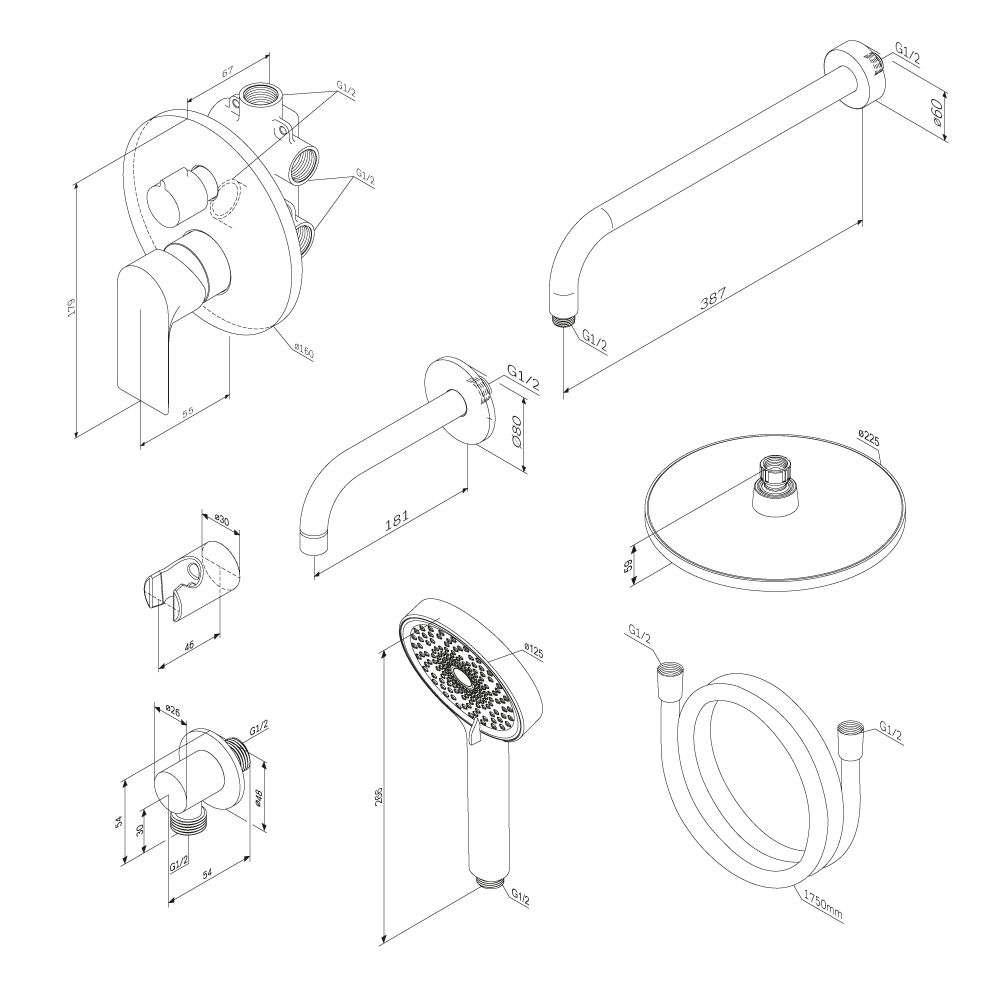 Встраиваемая душевая система с ванно-душевым смесителем и изливом Damixa Apollo 947510000
