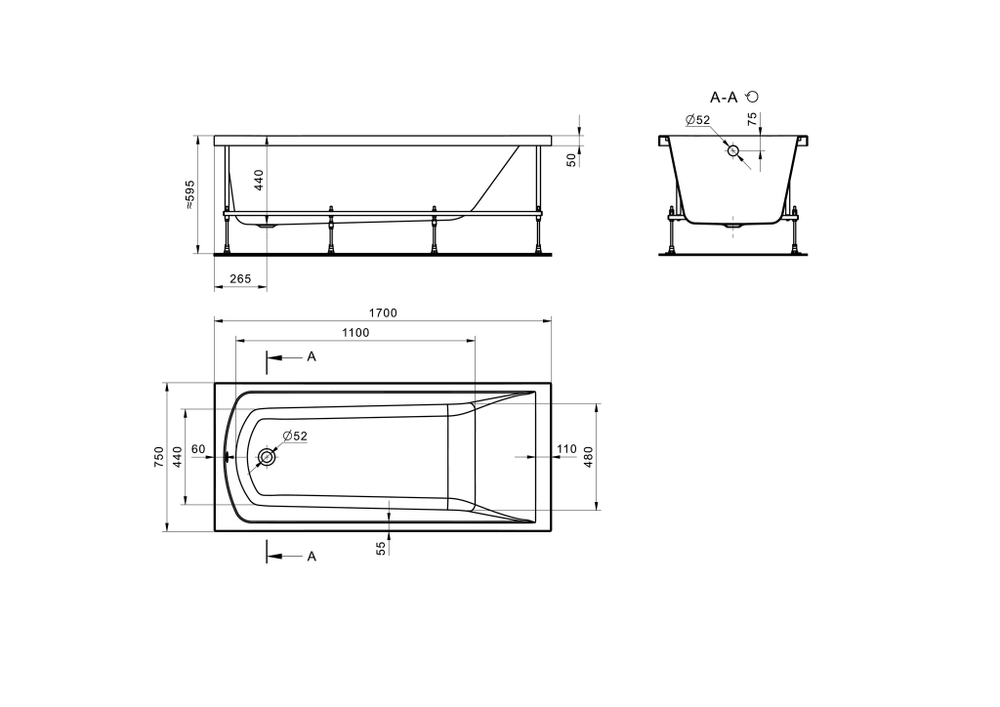 Акриловая ванна Santek Фиджи 170х75 прямоугольная 1WH501596