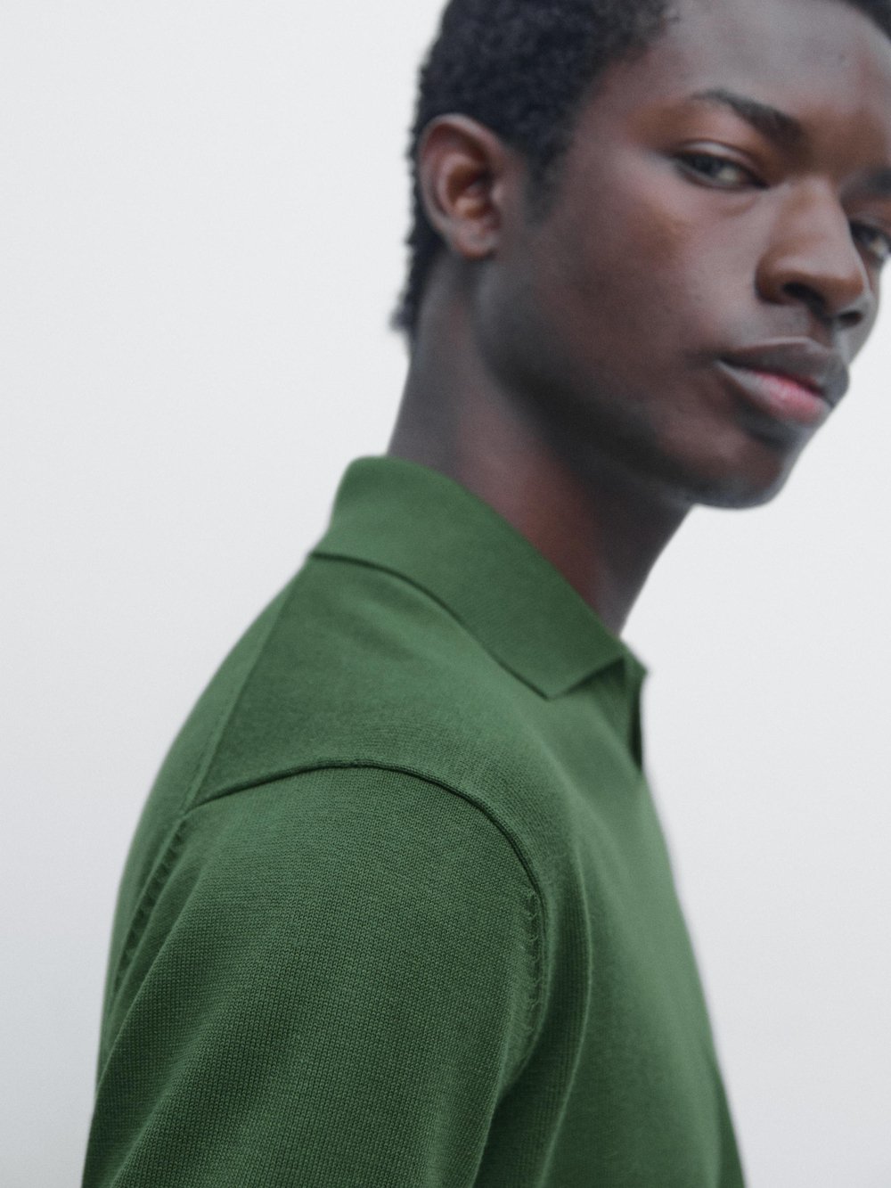 Massimo Dutti Трикотажный свитер из смесового хлопка с воротником-поло, утино-зеленый