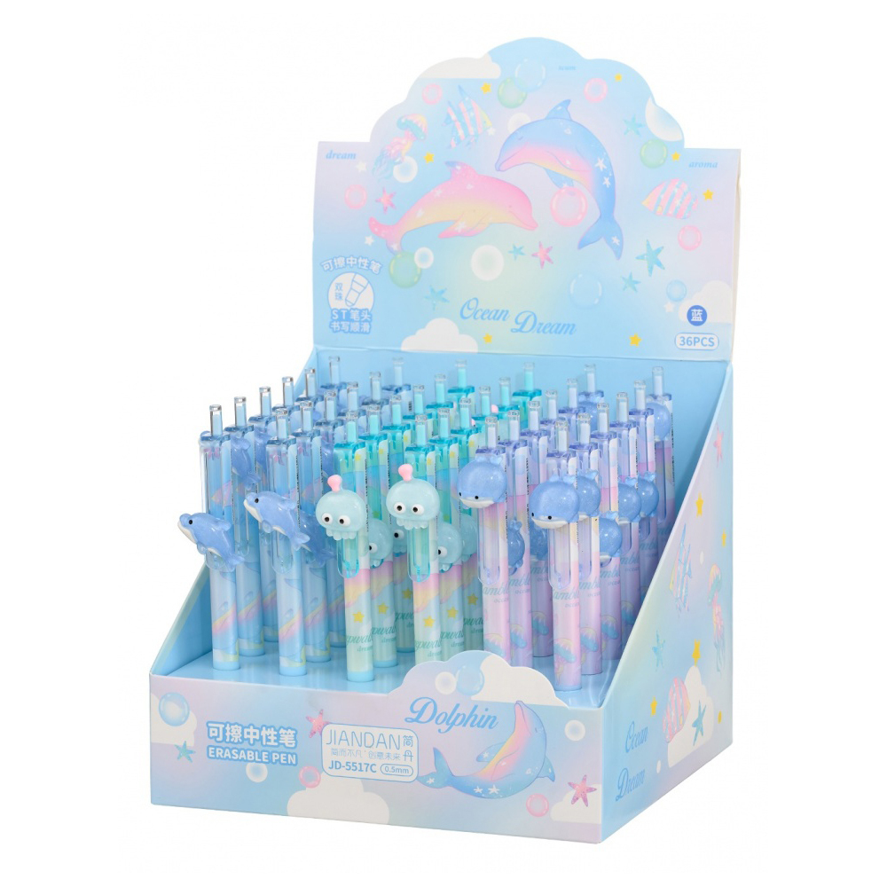 Ручка гелевая, пиши-стирай, автоматическая, Basir, синие чернила, серия "OCEAN DREAM", фигурка на корпусе, 36 шт