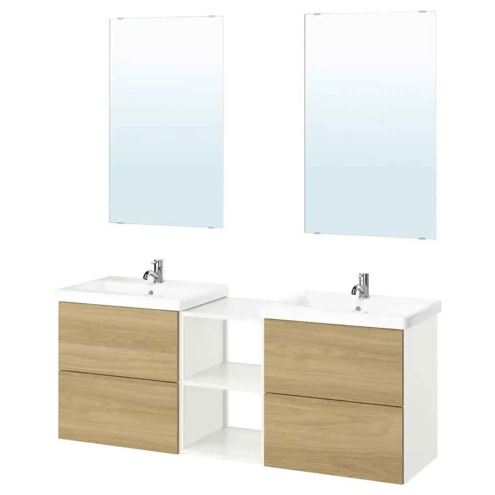 Комбинация для ванной - IKEA ENHET, 164х43х65 см, белый/имитация дуба, ЭНХЕТ ИКЕА