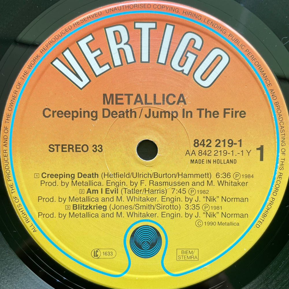 Metallica ‎– Creeping Death / Jump In The Fire (Голландия 1990г.) EP