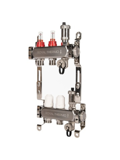 Коллектор Royal Thermo нерж. в сборе с расходомерами 1" ВР-3/4" НР с автомат. воздухоотвод-ми 2 вых.