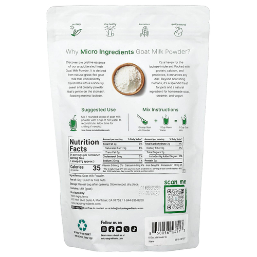 Micro Ingredients, сухое козье молоко, 454 г (1 фунт)