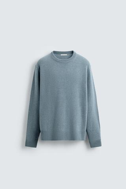 ZARA СВИТЕР КЛАССИЧЕСКОГО КРОЯ ИЗ СМЕСОВОЙ ШЕРСТИ, ГОЛУБОЙ