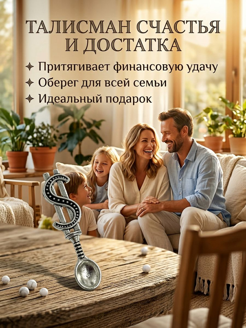 Кошельковый талисман Ложка загребушка с необработанным янтарем, цвет золотой, амулет