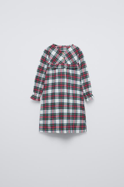 ZARA НОЧНАЯ РУБАШКА ИЗ ФЛАНЕЛИ В КЛЕТКУ, БЕЛЫЙ