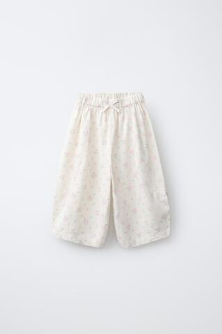ZARA БРЮКИ В ПОЛОСКУ С БАНТАМИ ИЗ СМЕСОВОГО ЛЬНА С ЦВЕТОЧНЫМ ПРИНТОМ, ЭКРЮ