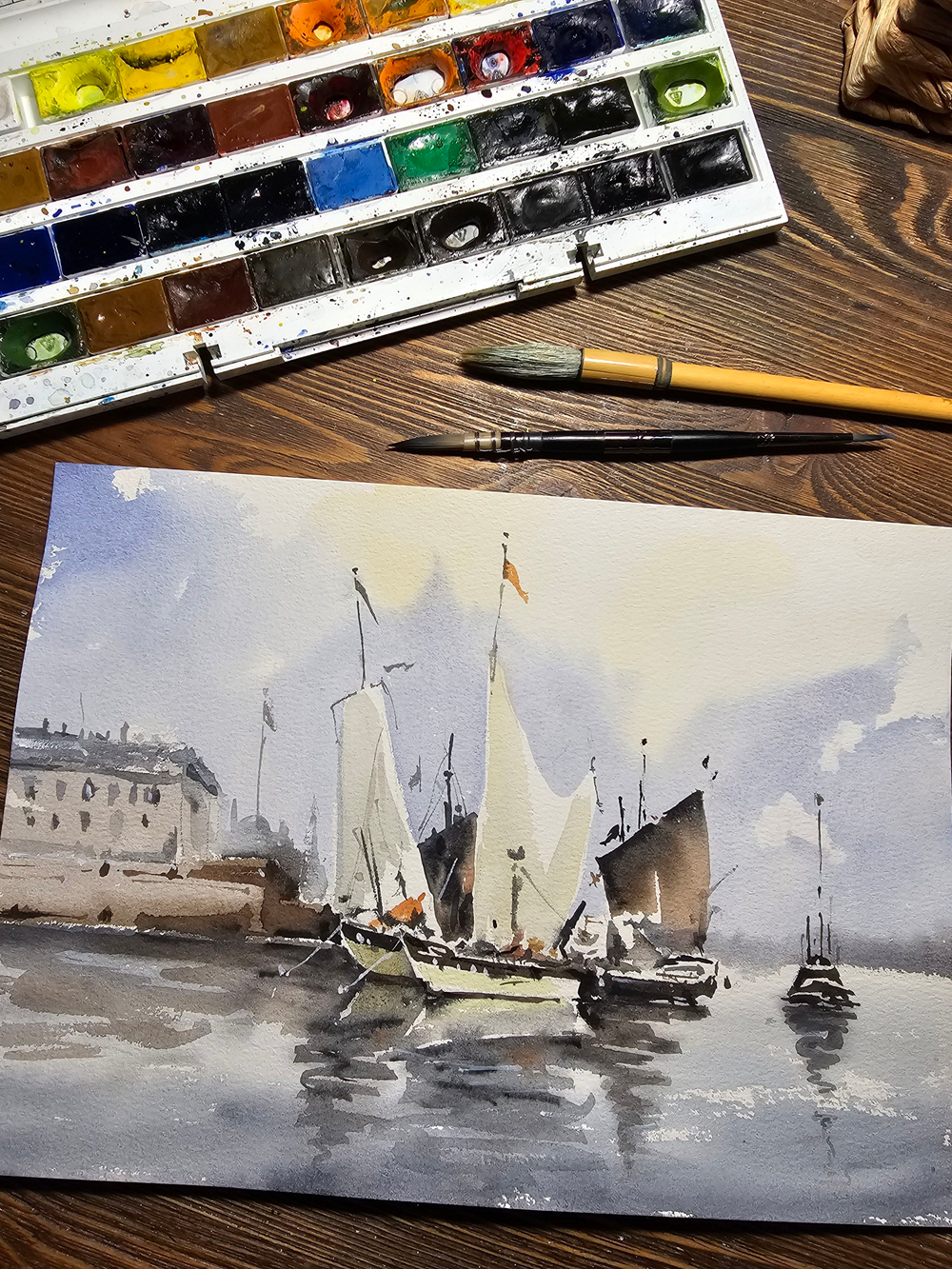 Картина авторская акварельная в паспарту 30х40 см на стену для интерьера "Парусники в гавани"