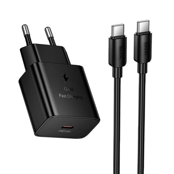 Adapter / Адаптер мережевий HOCO C to C Cable Star single port PD charger set N76 |25W/3A, PD/QC, GaN| black 6942007672986 (Чорний)