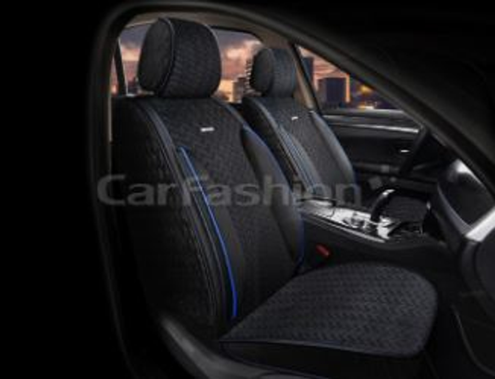 Накидки сидений Перед CarFashion (2шт) -Фронт «SHEVRON FRONT» 26211 -Велюр+Экокожа черн/черн/син/син