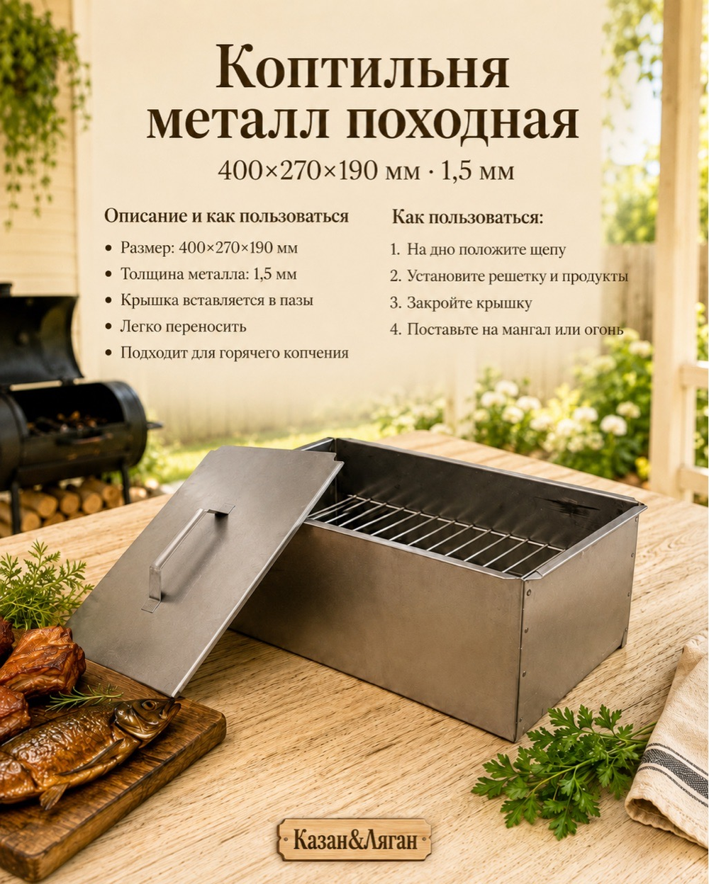 Коптильня металл Походная COMBI-M (TG-654) 400х270х190х1,5 мм