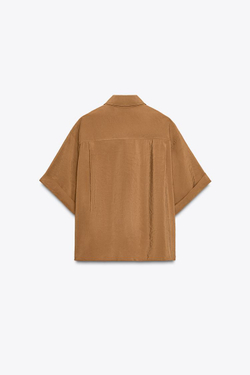 ZARA РУБАШКА ИЗ СТРУЯЩЕЙСЯ ТКАНИ С КОРОТКИМИ РУКАВАМИ, КАРАМЕЛЬНЫЙ