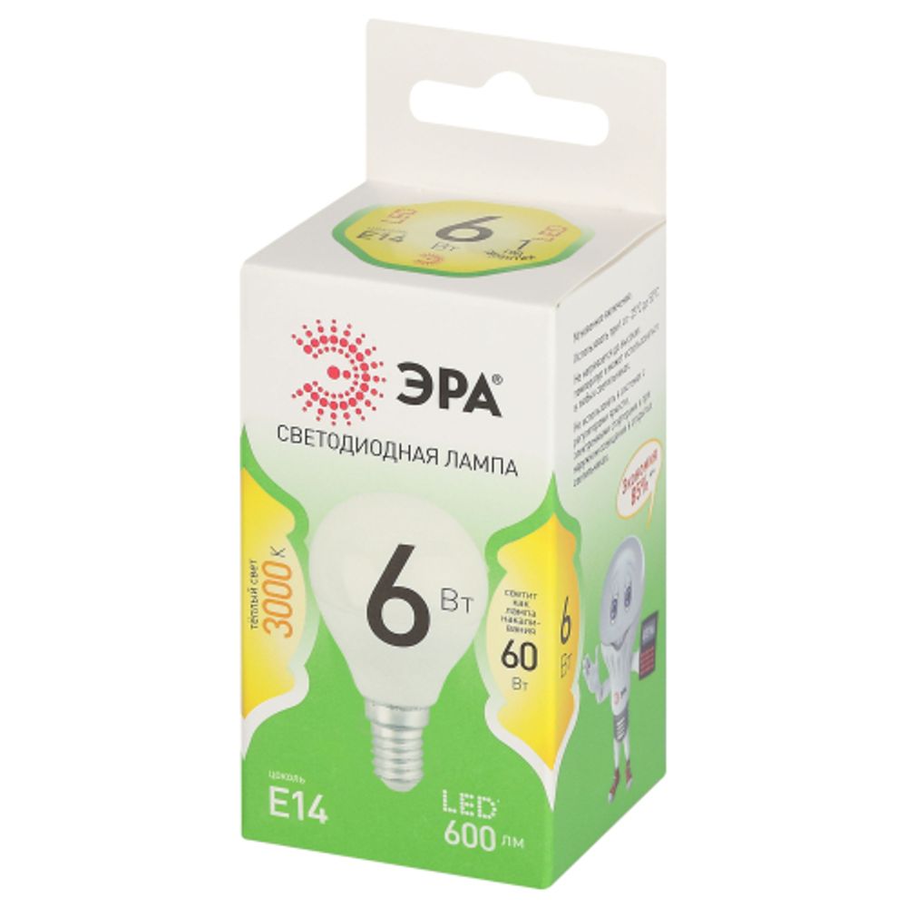 Лампа светодиодная ЭРА GREEN LINE LED P45-6W-830-E14 GL 6Вт шар теплый свет E14 | Лампы cветодиодные Шар (G/P)