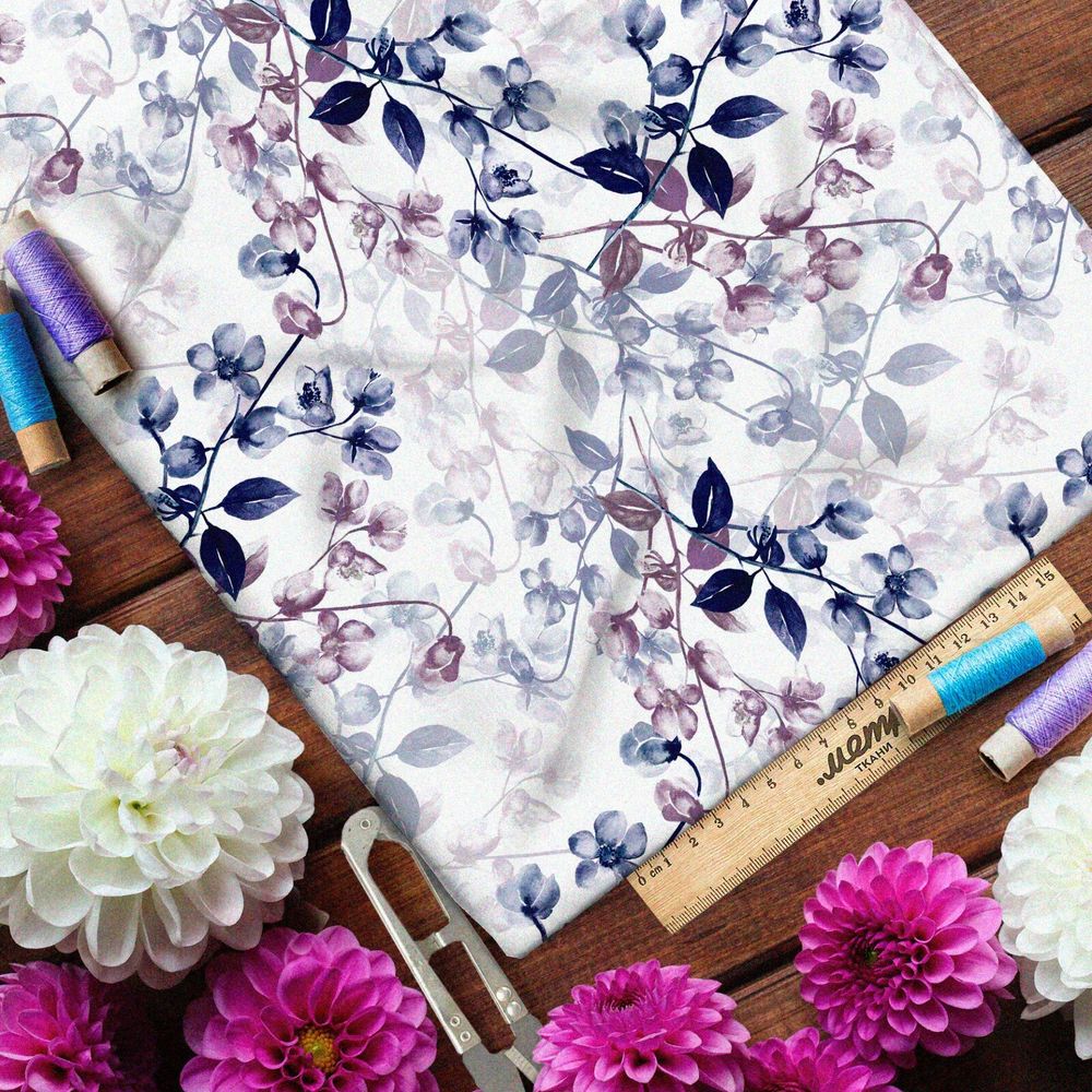 Ткань дюспо тёмно-лазурные и рубиновые ветви яблони