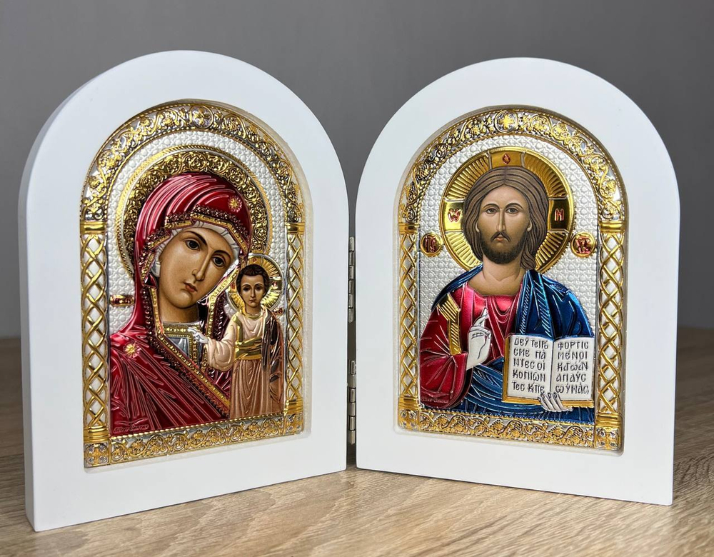 Складень, Спаситель, Казанская БМ, икона арочная, белое дерево, эмаль 140x200