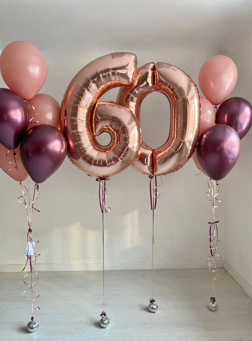 Воздушные гелиевые шары на юбилей 60 лет бордовый/розовое золото/пудра №4801