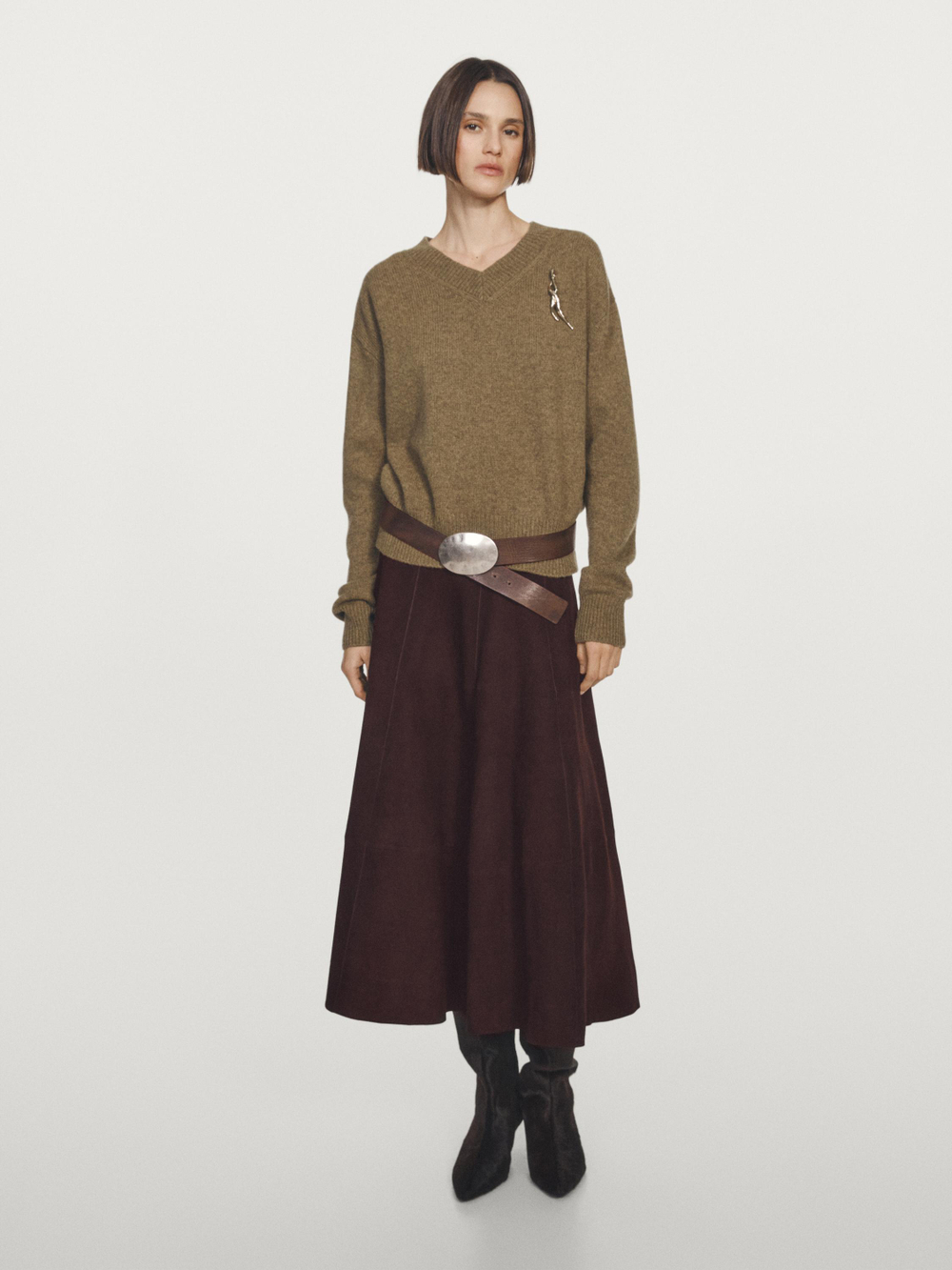 Massimo Dutti Трикотажный свитер с V-образным вырезом, кротово-коричневый