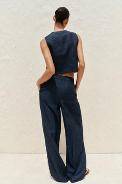 ZARA ДВУБОРТНЫЙ ЖИЛЕТ ИЗ 100% ЛЬНА, ИНДИГО