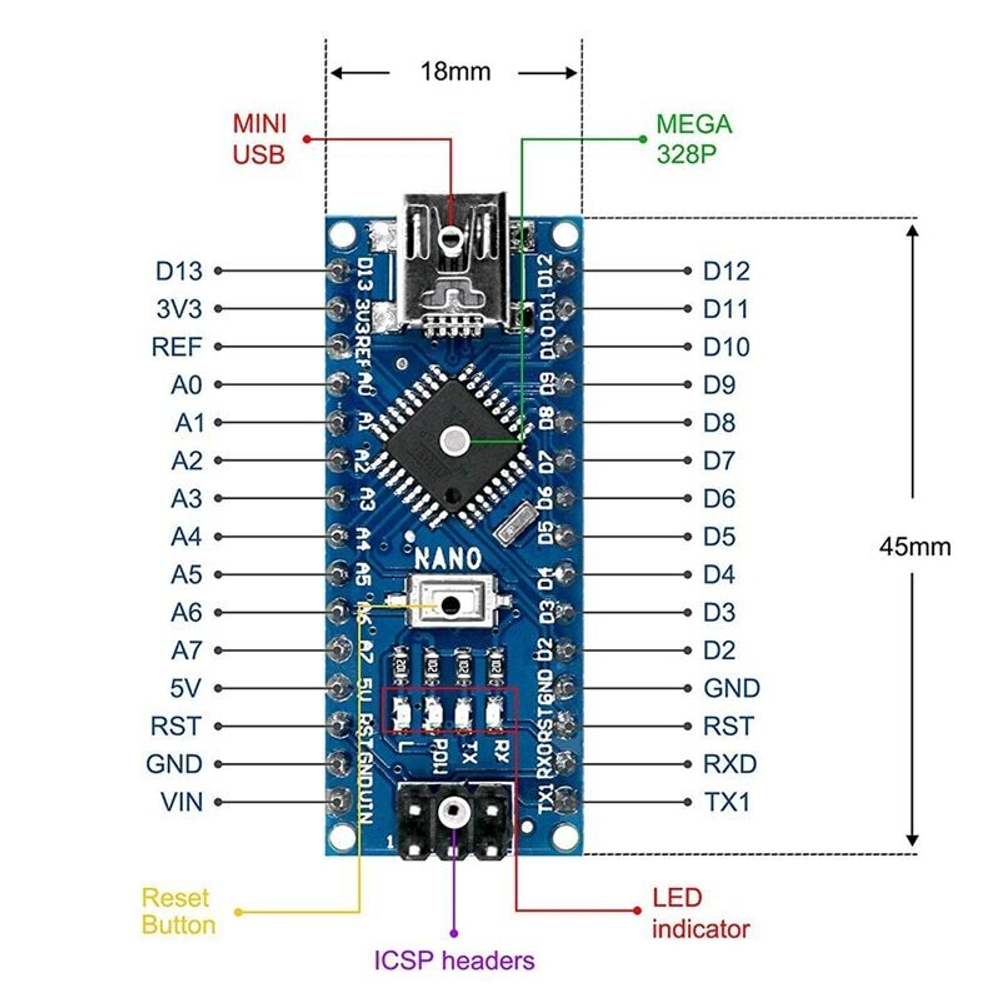 Arduino Nano V3.0 Mini USB ATmega328 5V 16M в сборе с кабелем