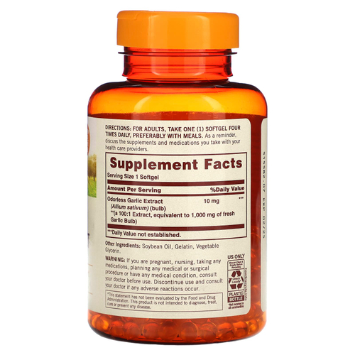 Sundown Naturals, Чесночный экстракт без запаха, 1000 мг, 250 мягких таблеток