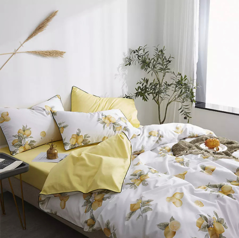 Постельное белье ЕВРО (двуспалка) Египетский Хлопок Лимоны на белом