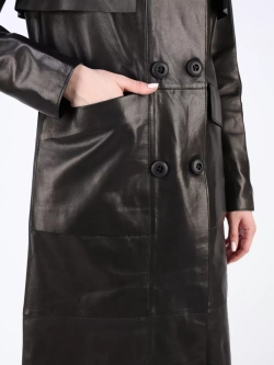Кожаный тренч длинный с поясом плащ на осень