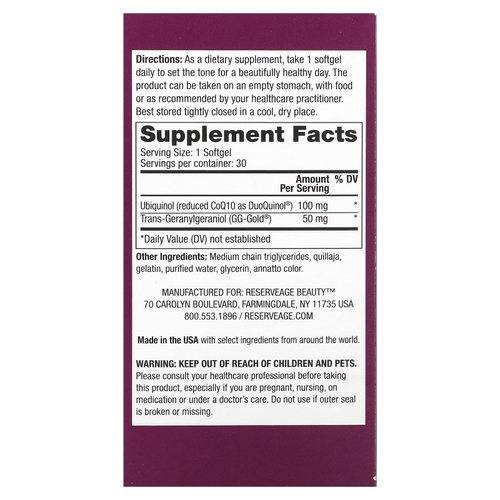 Reserveage Beauty, убихинол, коэнзим Q10, 30 капсул