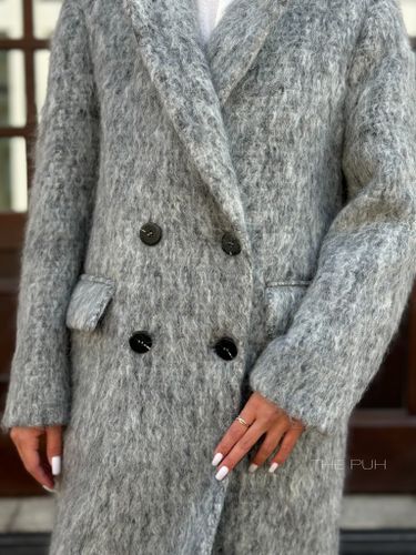 Серое двубортное пальто из шерсти с поясом