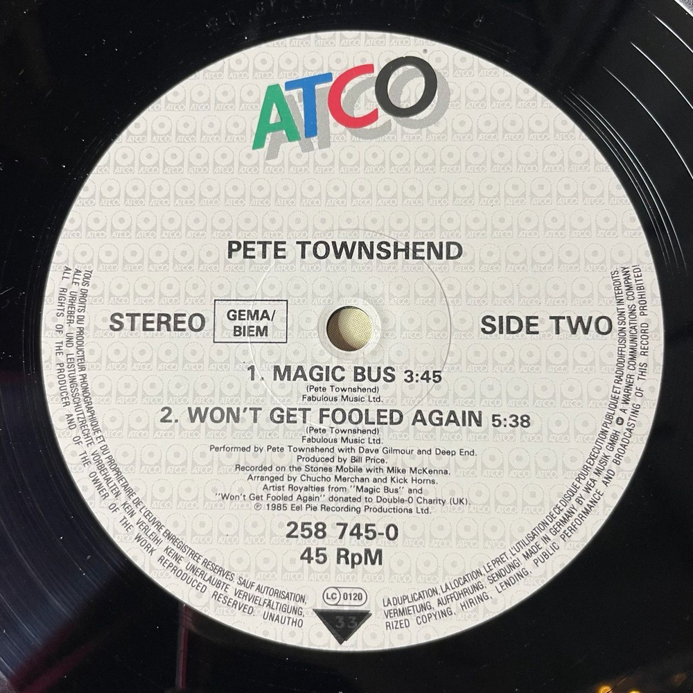 Винтажная виниловая пластинка LP Pete Townshend Give Blood Maxi Single 45 RPM (Germany 1985)