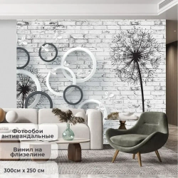 Фотообои на стену антивандальные 300х250см Одуванчики на кирпичной стене 3D винил на флизелине зеркальные