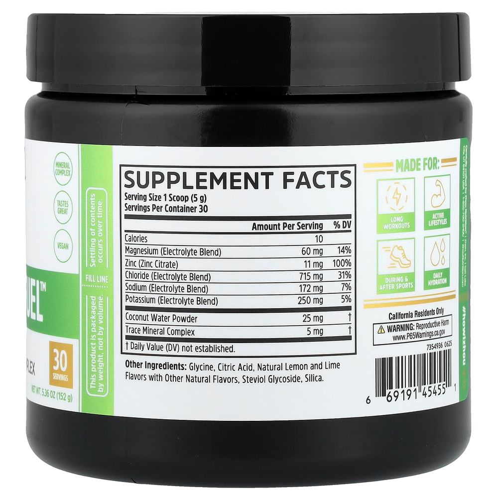 Zhou Nutrition, Hydro-Fuel™, улучшенный комплекс электролитов, со вкусом лимона и лайма, 152 г (5,36 унции)