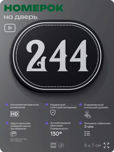 Номерок на дверь квартиры 244, для кабинета, офиса, шильдик 9 х 7 см, черный, Айдентика Технолоджи