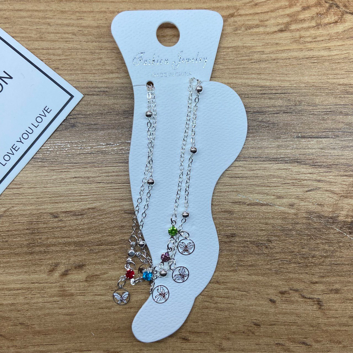 Браслет на ногу цепочка подвески Бабочка в круге стразы цветные металл серебристый