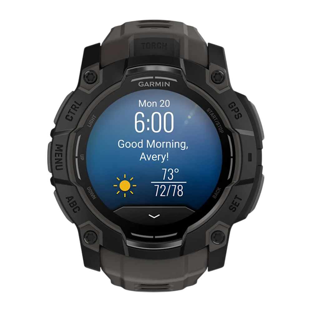 Спортивные часы Garmin Instinct 3, 50 мм, AMOLED, силиконовый ремешок угольного цвета Чёрный безель, AMOLED-дисплей. Ремешок с классической застёжкой — на запястье обхватом 141–213 мм