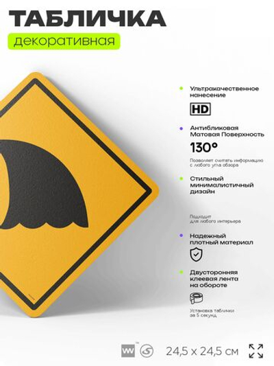 Табличка прикольная "Осторожно, акула" на дверь и стену, информационная и предупреждающая, декоративный знак, 24,5х24,5 см, пластиковая, Айдентика Технолоджи