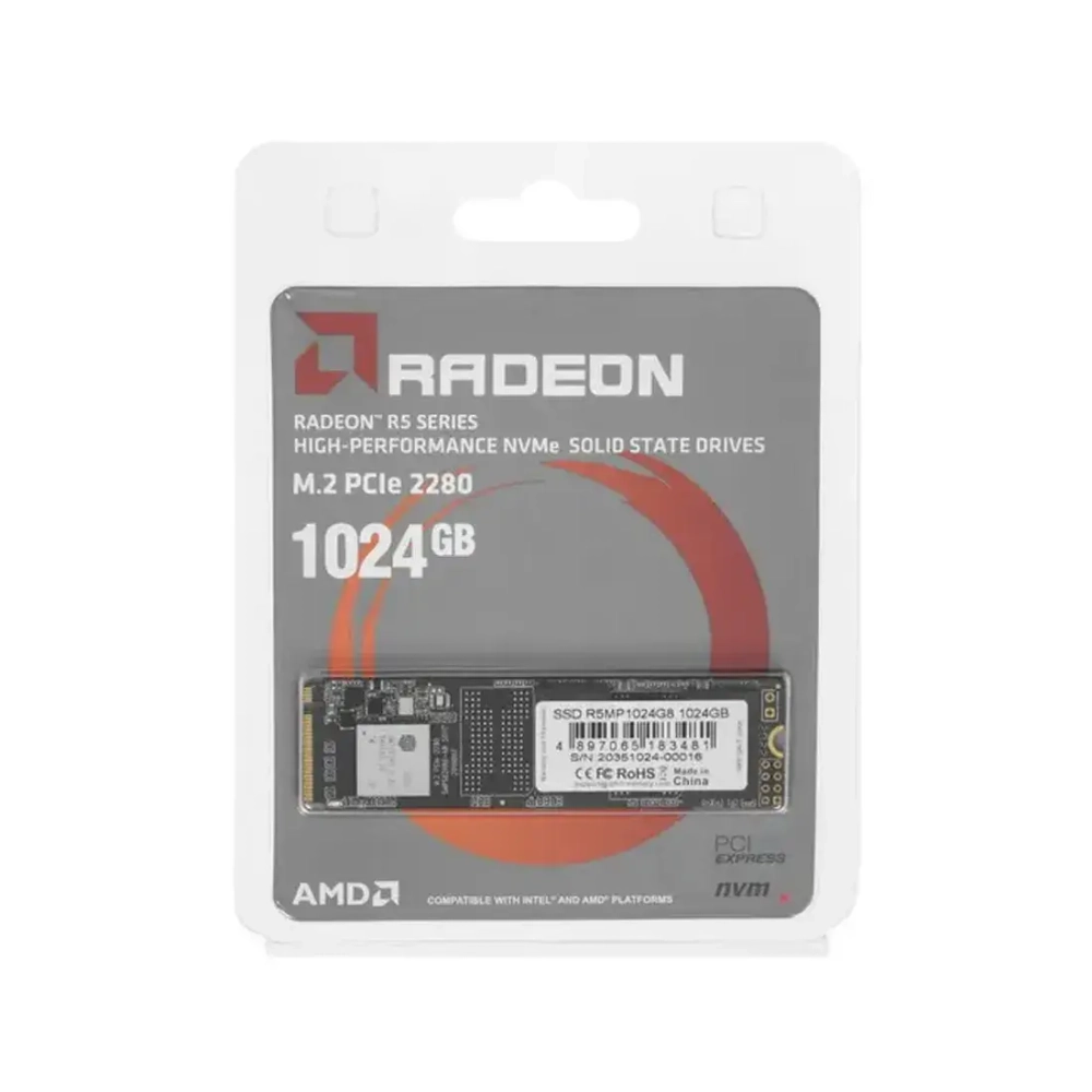 Твердотельный накопитель 1024GB SSD AMD RADEON R5 M.2 2280 PCIe Gen3x4 with NVMe R2100MB/s, W1000MB/s R5MP1024G8