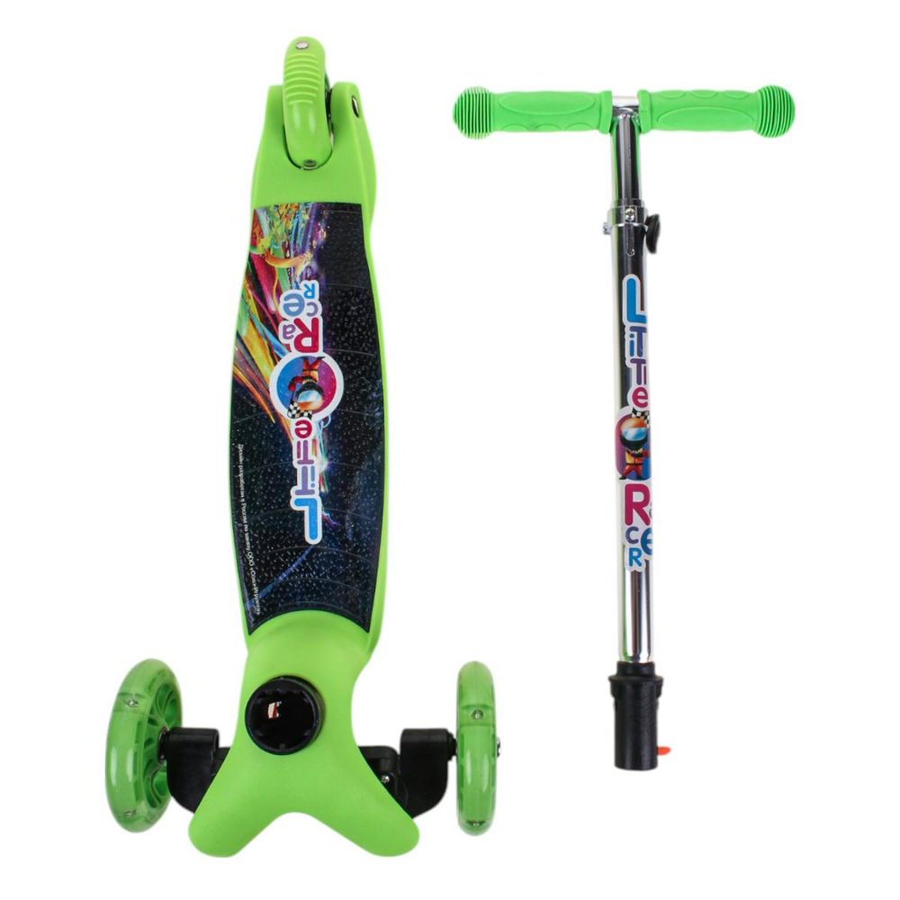 Самокат 3х кол. зеленый, 55см, макс.высота ручки 62см. колеса PU свет, макс.вес 45кг.