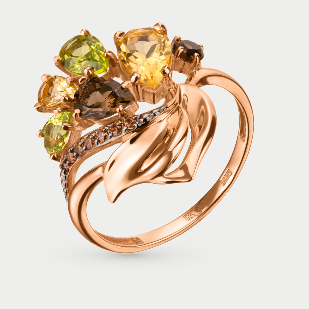 Кольцо для женщин из розового золота 585 пробы с цитрином, хризолитом и раухтопазом (арт. 100-1578_zt-101)