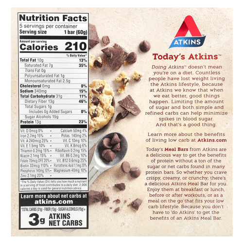 Atkins, протеиновый батончик для перекуса, со вкусом печенья с шоколадной крошкой, 5 штук по 60 г (2,12 унции)